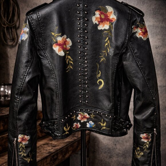 ATF Floral Embroidered Moto Jacket Black Studded Faux Leather Size M - Picture 2 of 4